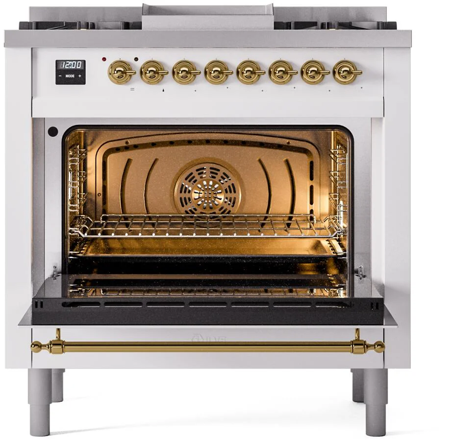 Ilve UP36FNMPWHG Nostalgie Ii 36 Inch Dual Fuel Natural Gas Freestanding Range In White With Brass Trim - Image 3
