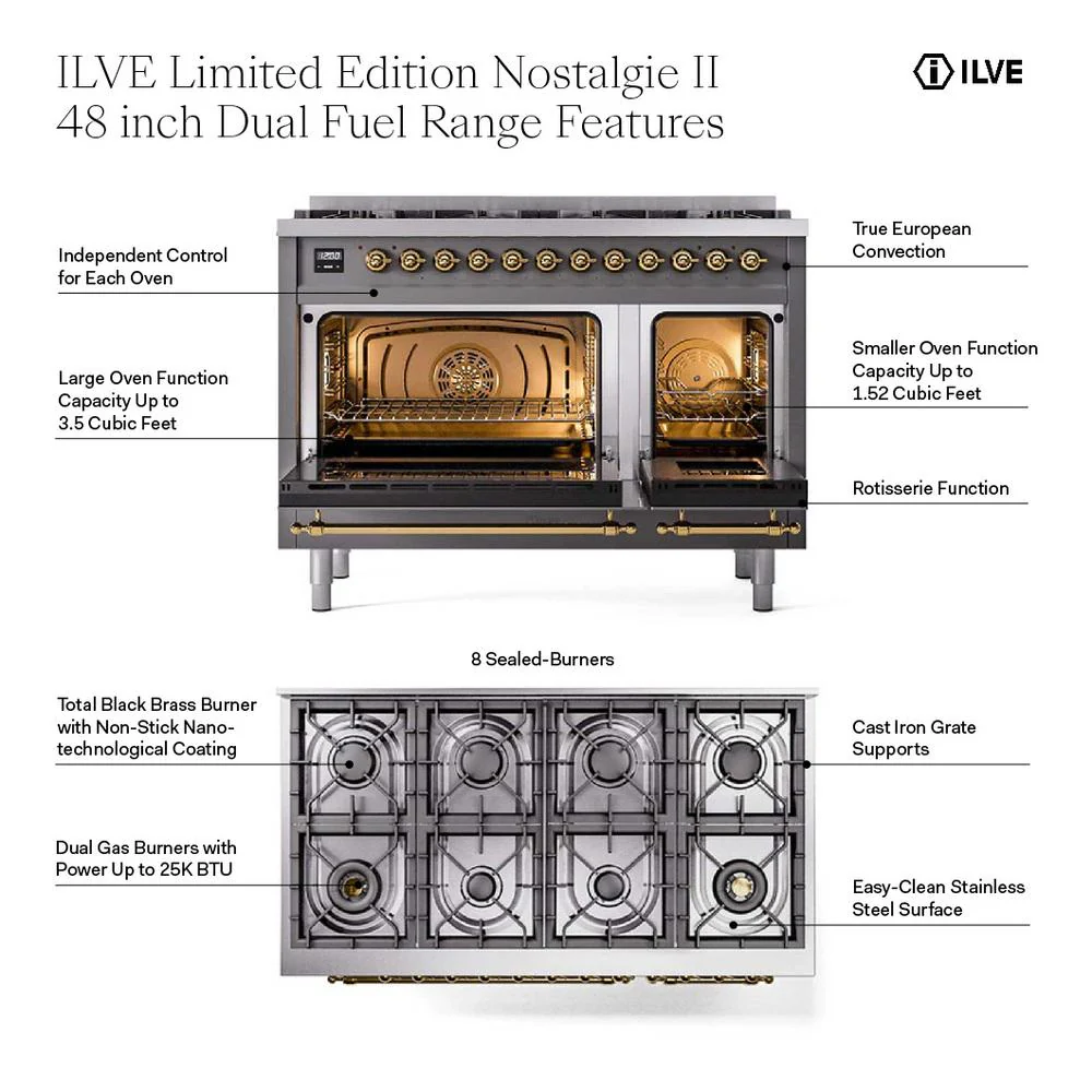 Ilve UP488NMPSSG Ilve Up488Nmpssg Nostalgie Ii 48 Inch Dual Fuel Range With 8 Total Black Brass Sealed Burners, Brass Trim (Limited Edition) (Natural Gas, Stainless Steel) - Image 3