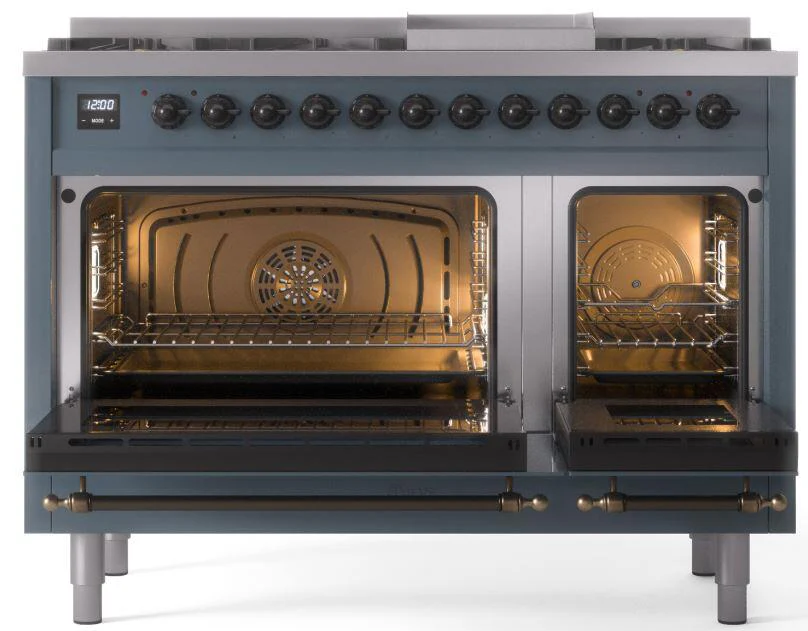 Ilve UP48FNMPBGBLP Nostalgie Ii 48 Inch Dual Fuel Liquid Propane Freestanding Range In Blue Grey With Bronze Trim - Image 5