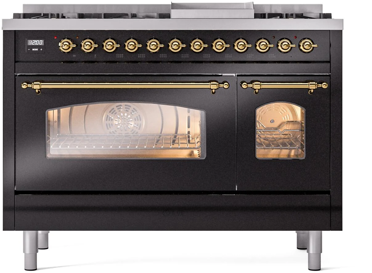 Ilve UP48FNMPBKGLP Nostalgie Ii 48 Inch Dual Fuel Liquid Propane Freestanding Range In Glossy Black With Brass Trim - Image 2