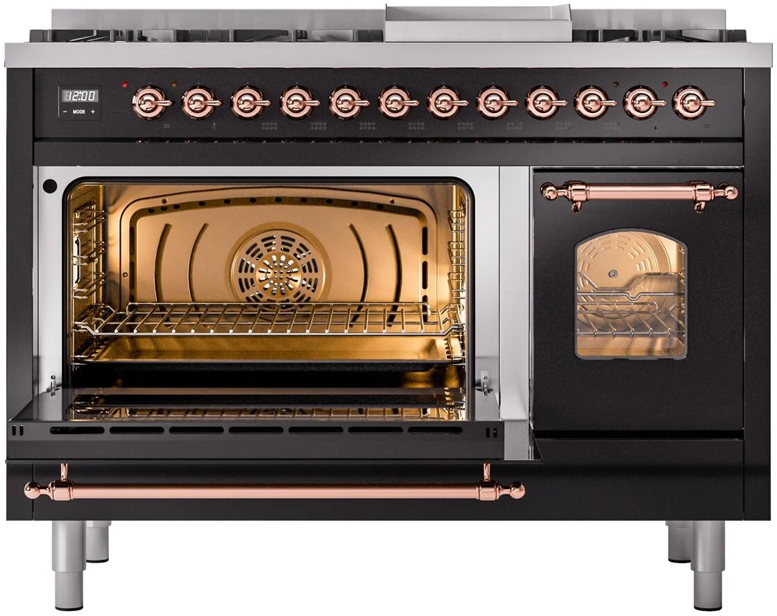 Ilve UP48FNMPBKP Nostalgie Ii 48 Inch Dual Fuel Natural Gas Freestanding Range In Glossy Black With Copper Trim - Image 4