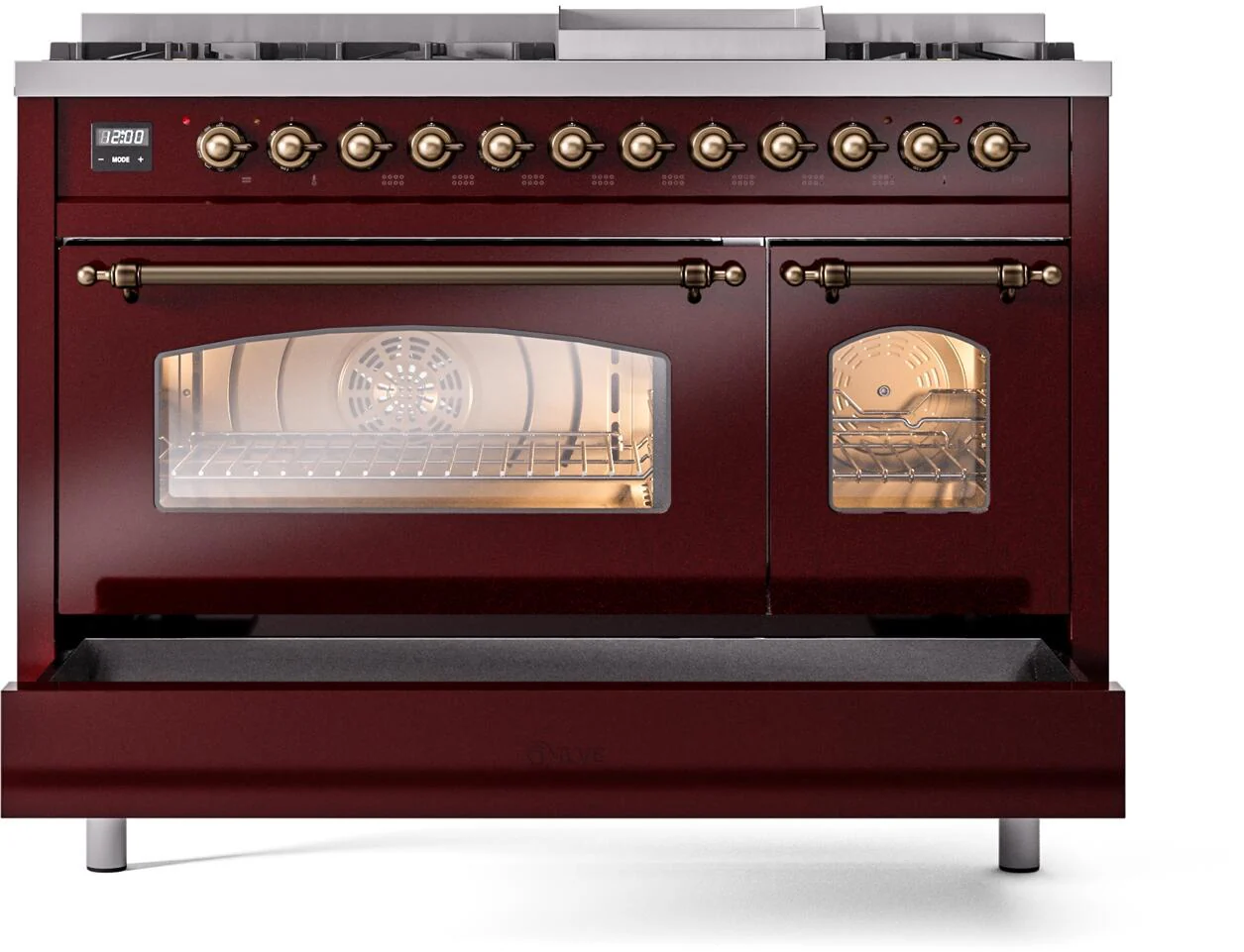 Ilve UP48FNMPBUB Nostalgie Ii 48 Inch Dual Fuel Natural Gas Freestanding Range In Burgundy With Bronze Trim - Image 6