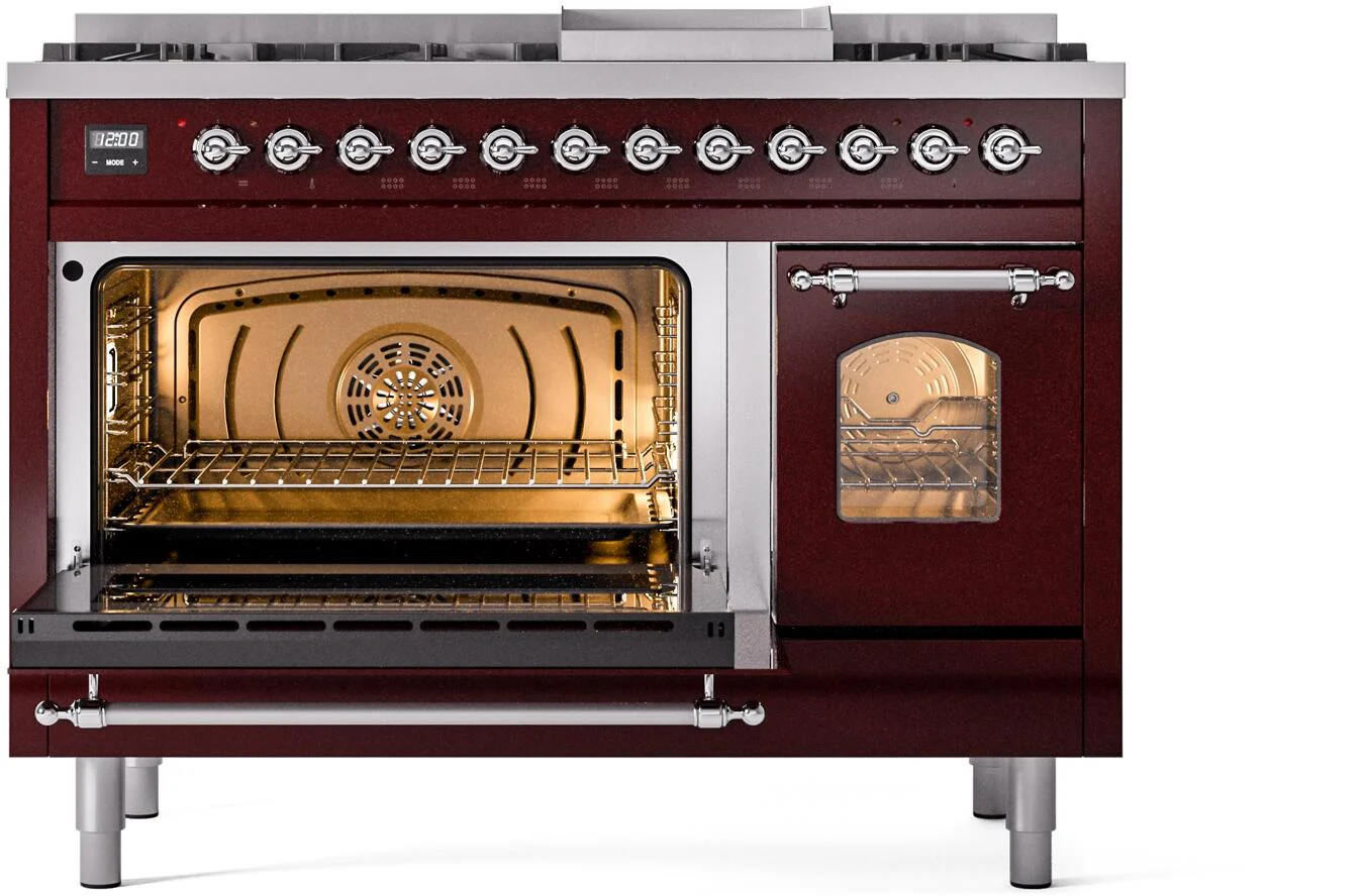 Ilve UP48FNMPBUC Nostalgie Ii 48 Inch Dual Fuel Natural Gas Freestanding Range In Burgundy With Chrome Trim - Image 4