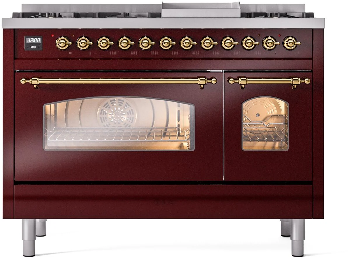 Ilve UP48FNMPBUG Nostalgie Ii 48 Inch Dual Fuel Natural Gas Freestanding Range In Burgundy With Brass Trim - Image 2