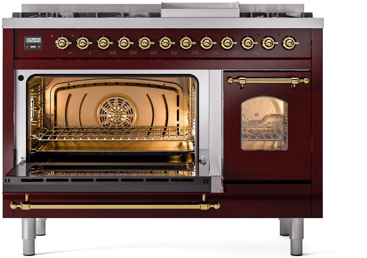 Ilve UP48FNMPBUG Nostalgie Ii 48 Inch Dual Fuel Natural Gas Freestanding Range In Burgundy With Brass Trim - Image 4