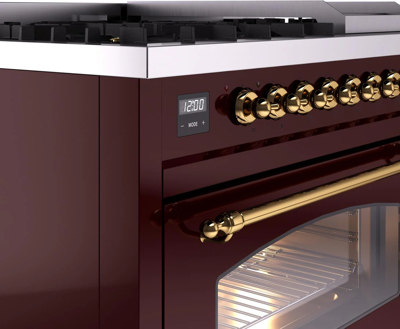 Ilve UP48FNMPBUG Nostalgie Ii 48 Inch Dual Fuel Natural Gas Freestanding Range In Burgundy With Brass Trim - Image 7