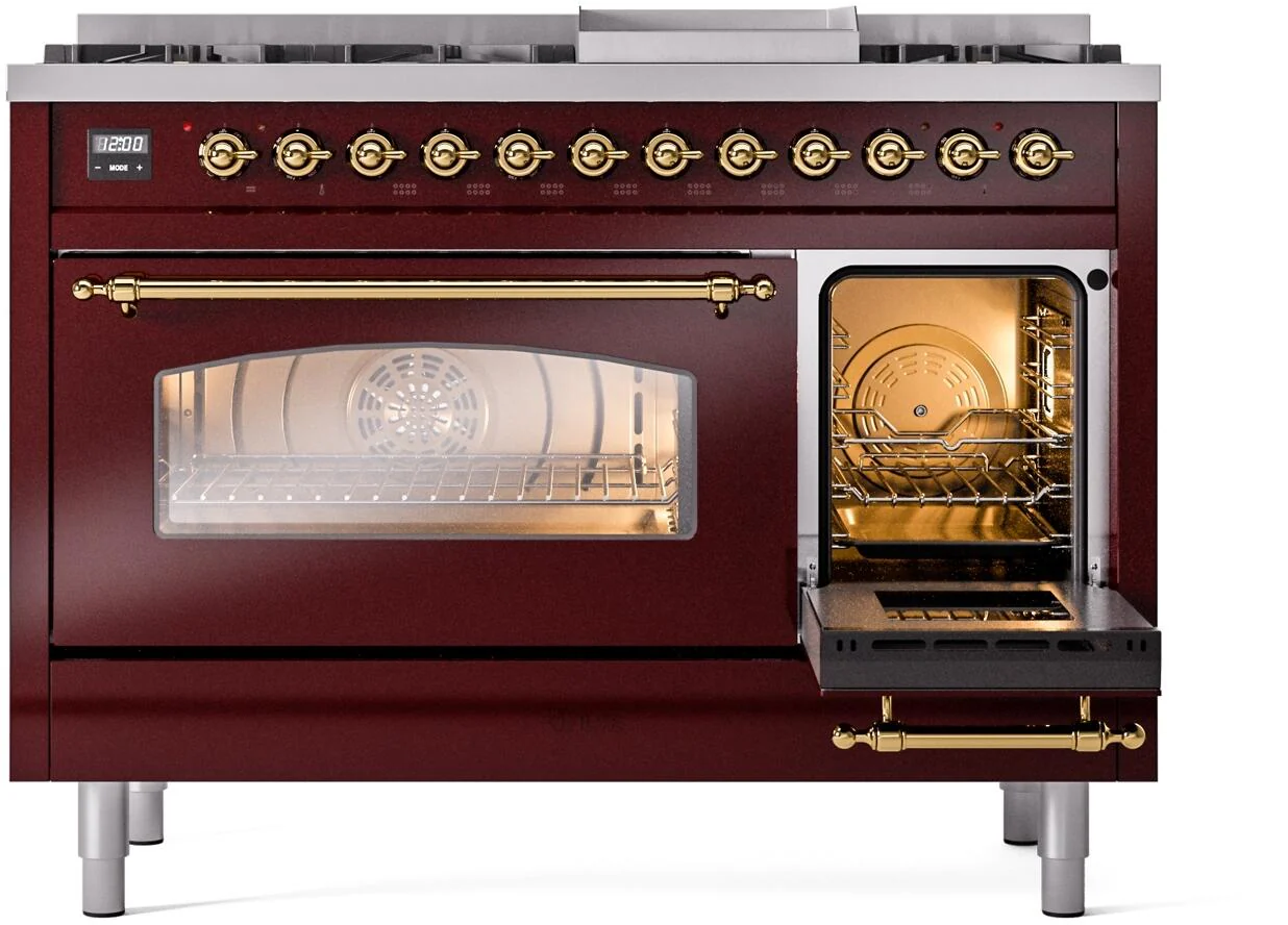 Ilve UP48FNMPBUGLP Nostalgie Ii 48 Inch Dual Fuel Liquid Propane Freestanding Range In Burgundy With Brass Trim - Image 5