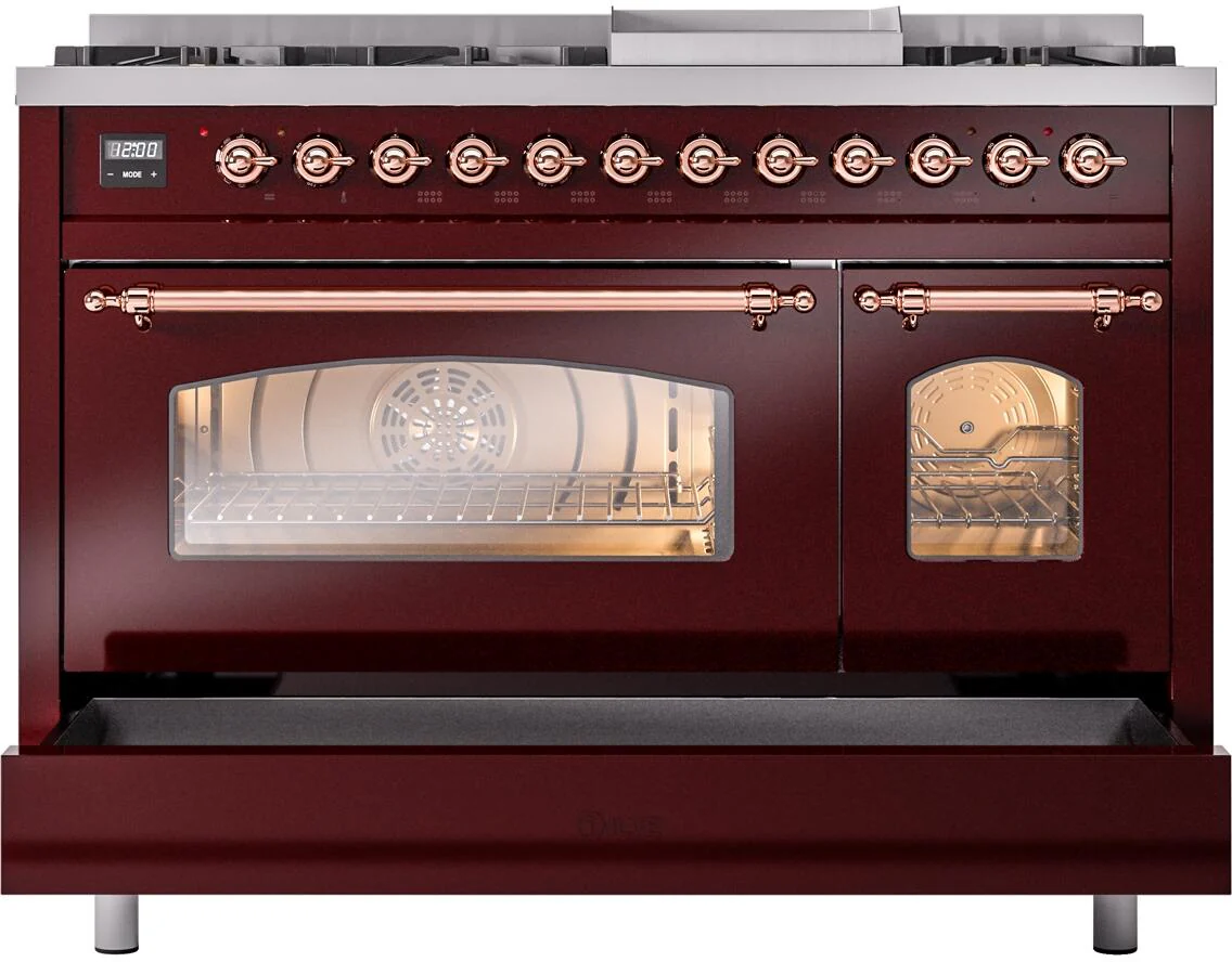 Ilve UP48FNMPBUPLP Nostalgie Ii 48 Inch Dual Fuel Liquid Propane Freestanding Range In Burgundy With Copper Trim - Image 6
