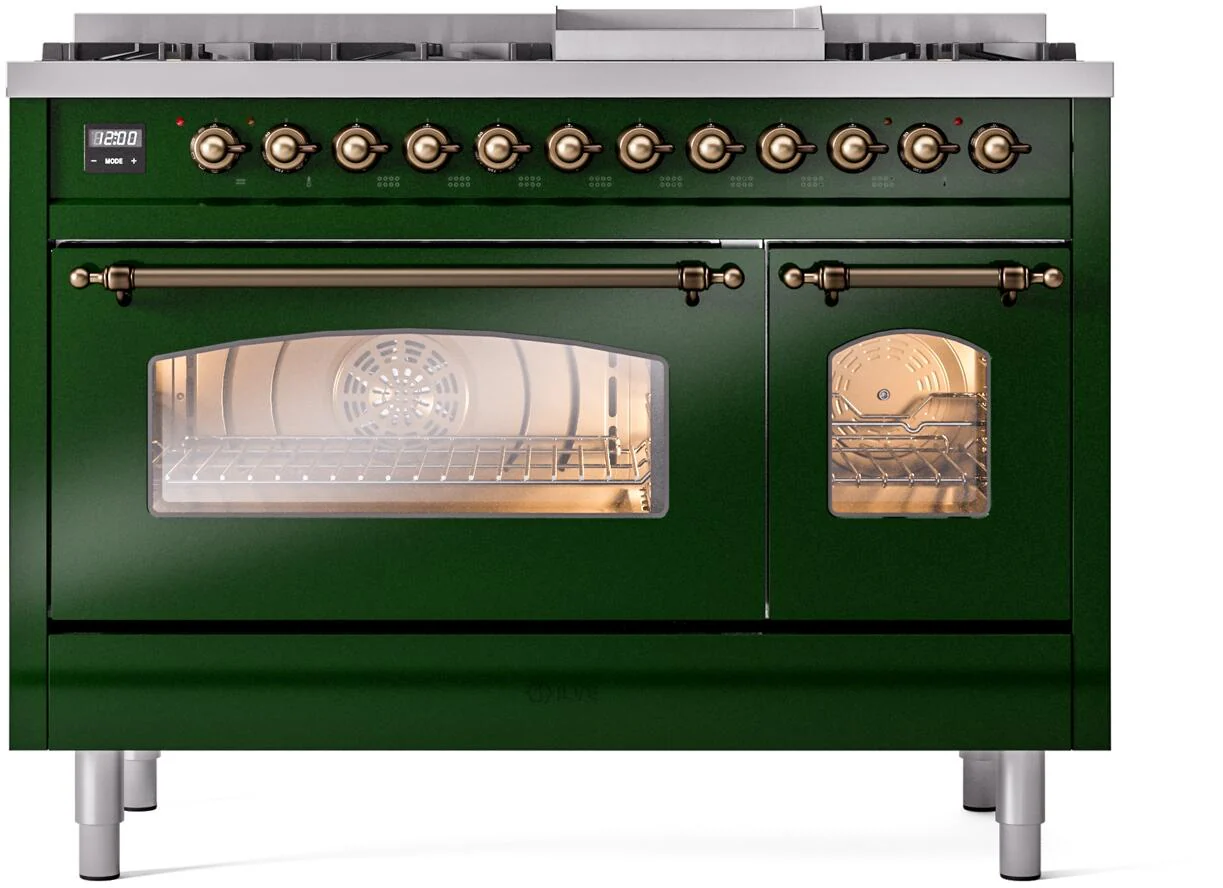 Ilve UP48FNMPEGBLP Nostalgie Ii 48 Inch Dual Fuel Liquid Propane Freestanding Range In Emerald Green With Bronze Trim - Image 2