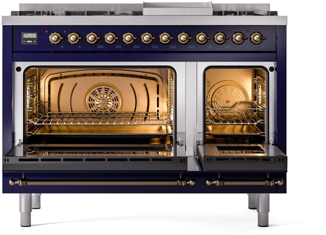 Ilve UP48FNMPMBB Nostalgie Ii 48 Inch Dual Fuel Natural Gas Freestanding Range In Blue With Bronze Trim - Image 3
