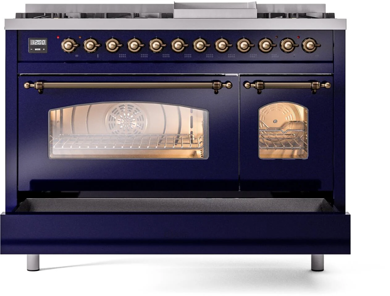 Ilve UP48FNMPMBB Nostalgie Ii 48 Inch Dual Fuel Natural Gas Freestanding Range In Blue With Bronze Trim - Image 6