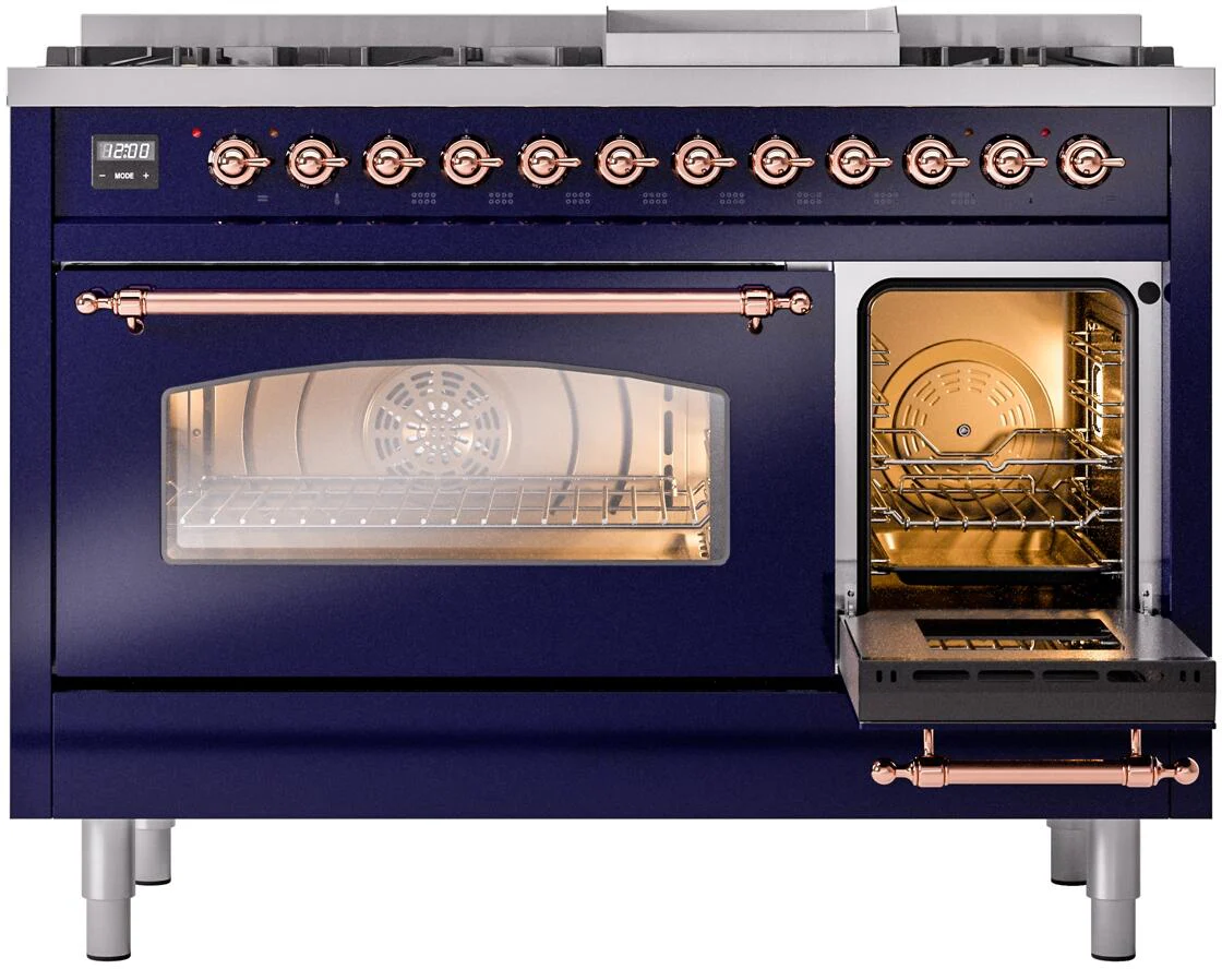 Ilve UP48FNMPMBP Nostalgie Ii 48 Inch Dual Fuel Natural Gas Freestanding Range In Blue With Copper Trim - Image 5