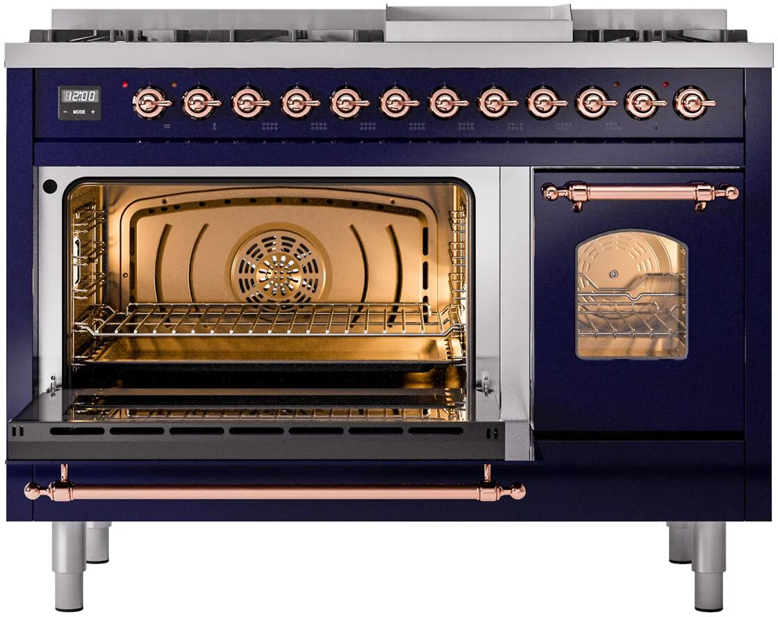Ilve UP48FNMPMBPLP Nostalgie Ii 48 Inch Dual Fuel Liquid Propane Freestanding Range In Blue With Copper Trim - Image 4