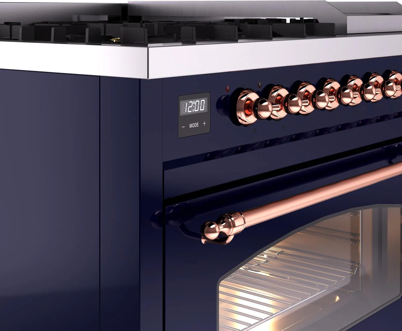 Ilve UP48FNMPMBPLP Nostalgie Ii 48 Inch Dual Fuel Liquid Propane Freestanding Range In Blue With Copper Trim - Image 7