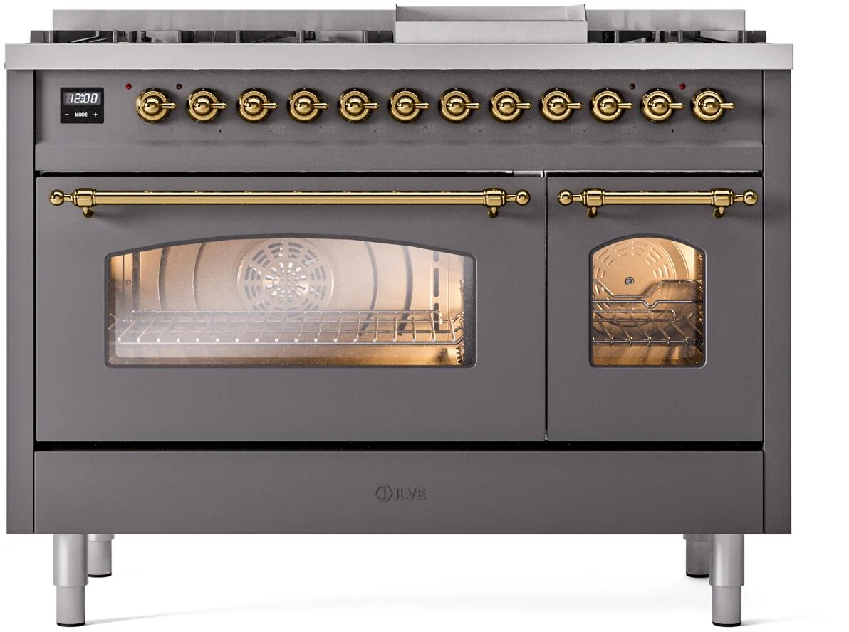 Ilve UP48FNMPMGGLP Nostalgie Ii 48 Inch Dual Fuel Liquid Propane Freestanding Range In Matte Graphite With Brass Trim - Image 2
