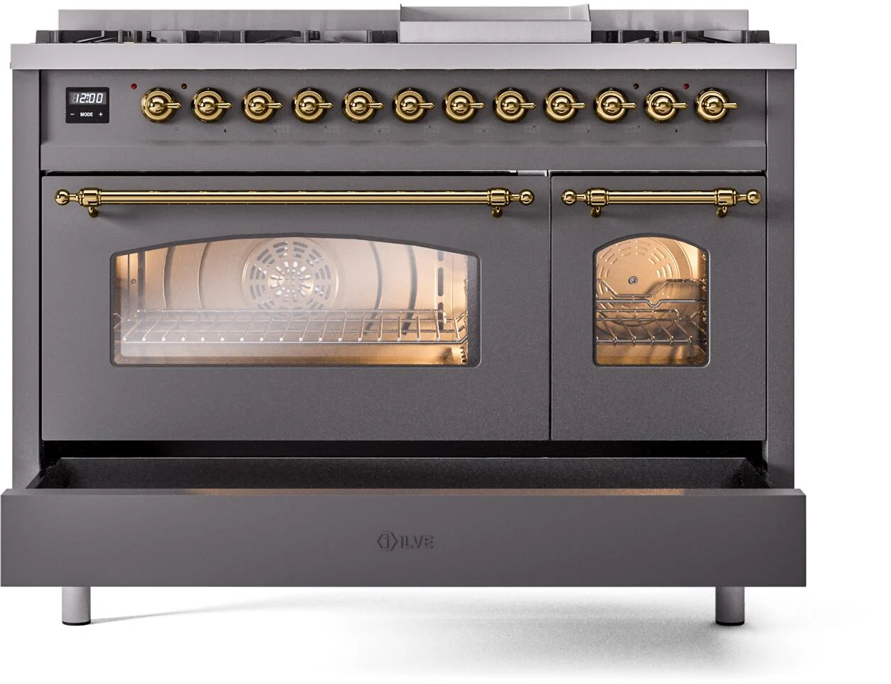 Ilve UP48FNMPMGGLP Nostalgie Ii 48 Inch Dual Fuel Liquid Propane Freestanding Range In Matte Graphite With Brass Trim - Image 6