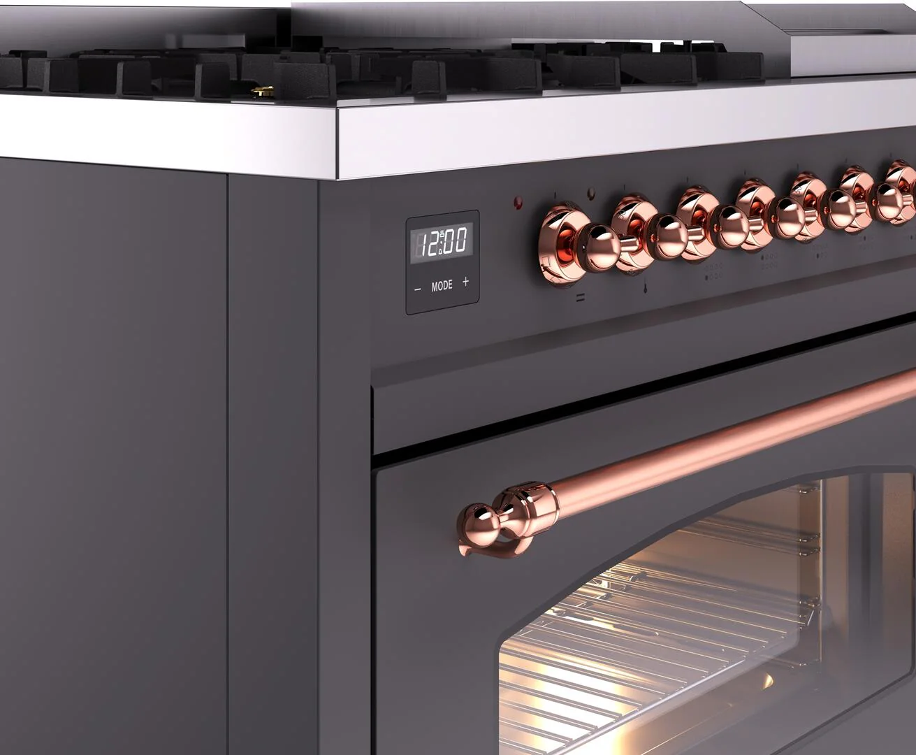 Ilve UP48FNMPMGPLP Nostalgie Ii 48 Inch Dual Fuel Liquid Propane Freestanding Range In Matte Graphite With Copper Trim - Image 7