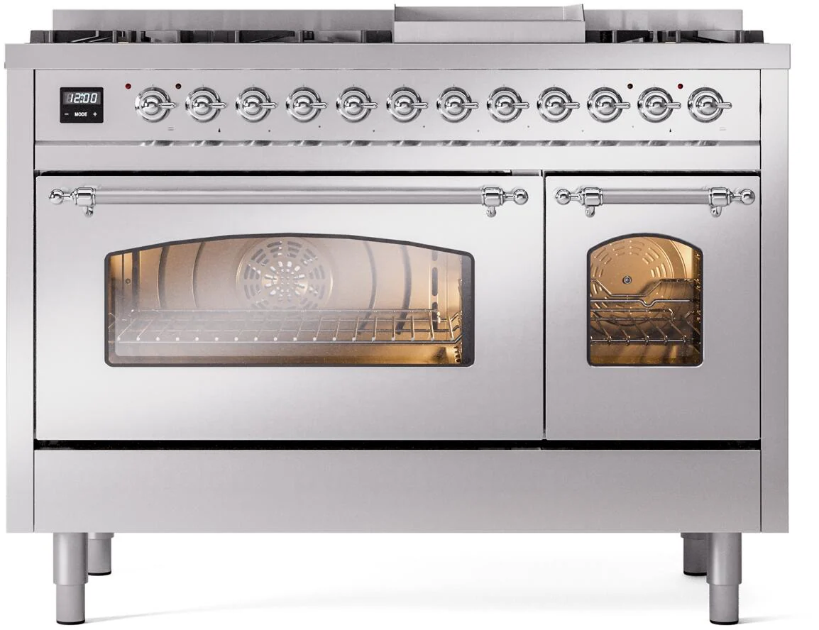 Ilve UP48FNMPSSC Nostalgie Ii 48 Inch Dual Fuel Natural Gas Freestanding Range In Stainless Steel With Chrome Trim - Image 2