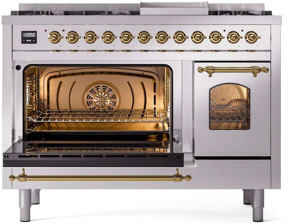 Ilve UP48FNMPSSGLP Nostalgie Ii 48 Inch Dual Fuel Liquid Propane Freestanding Range In Stainless Steel With Brass Trim - Image 4