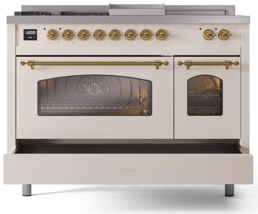 Ilve UP48FSNMPAWG Nostalgie Ii 48 Inch Dual Fuel Natural Gas Freestanding Range In Antique White With Brass Trim - Image 6