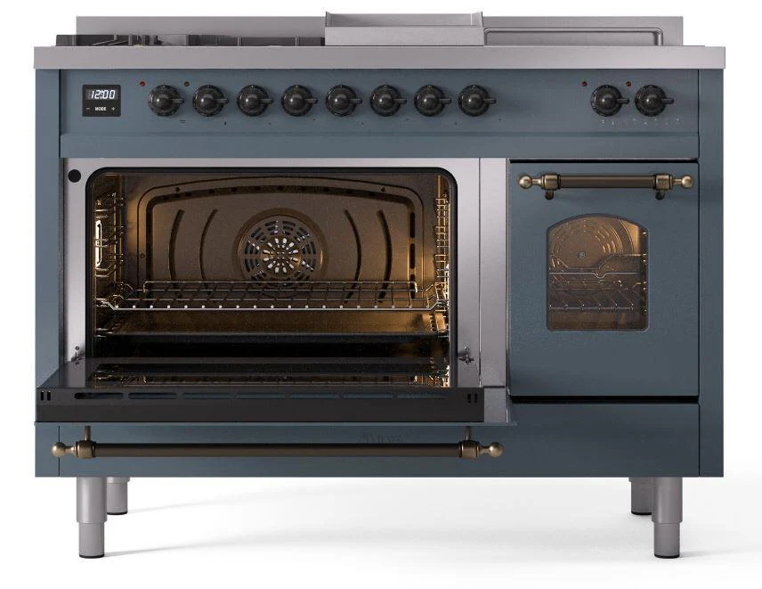 Ilve UP48FSNMPBGB Nostalgie Ii 48 Inch Dual Fuel Natural Gas Freestanding Range In Blue Grey With Bronze Trim - Image 3