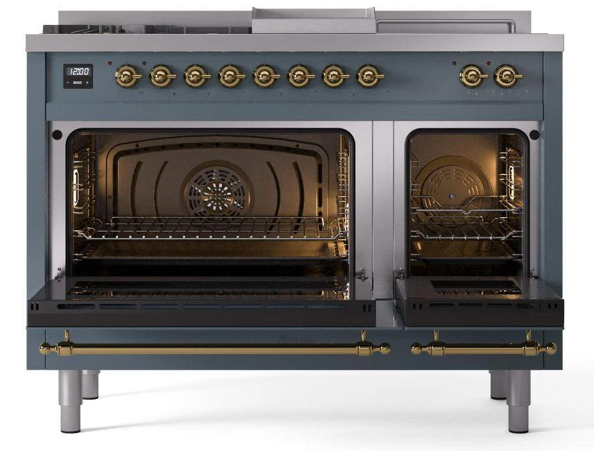 Ilve UP48FSNMPBGGLP Nostalgie Ii 48 Inch Dual Fuel Liquid Propane Freestanding Range In Blue Grey With Brass Trim - Image 5