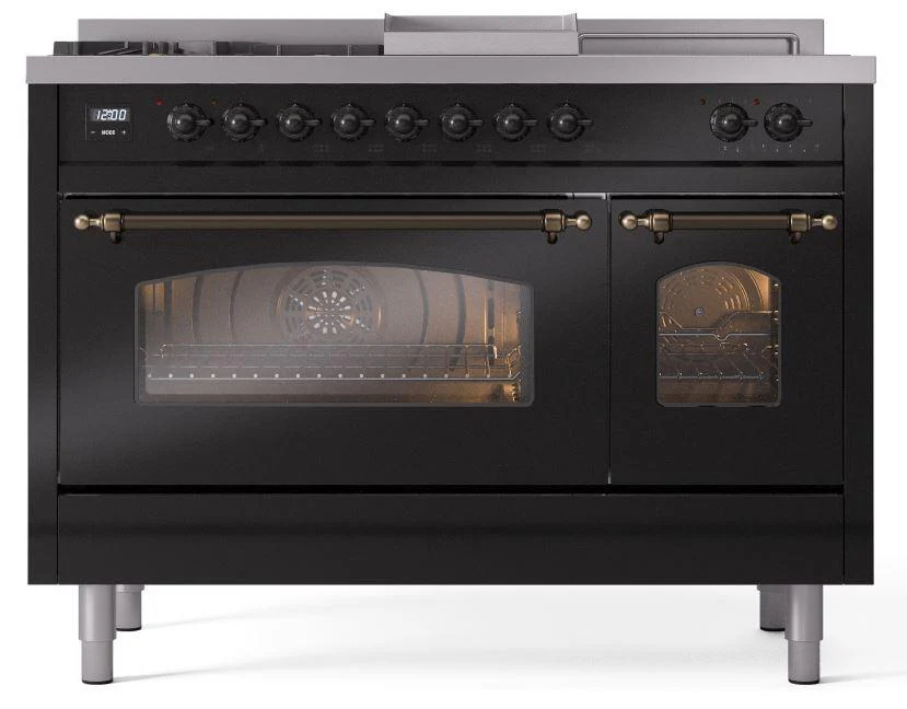 Ilve UP48FSNMPBKBLP Nostalgie Ii 48 Inch Dual Fuel Liquid Propane Freestanding Range In Glossy Black With Bronze Trim - Image 2