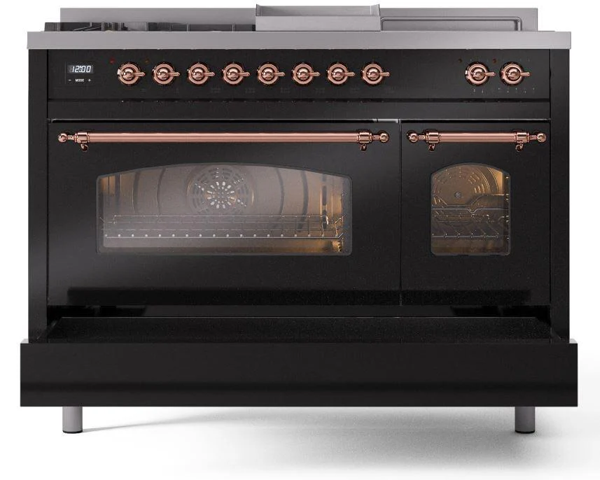 Ilve UP48FSNMPBKC Nostalgie Ii 48 Inch Dual Fuel Natural Gas Freestanding Range In Glossy Black With Copper Trim - Image 6