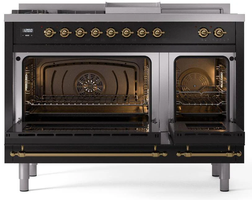 Ilve UP48FSNMPBKGLP Nostalgie Ii 48 Inch Dual Fuel Liquid Propane Freestanding Range In Glossy Black With Brass Trim - Image 5