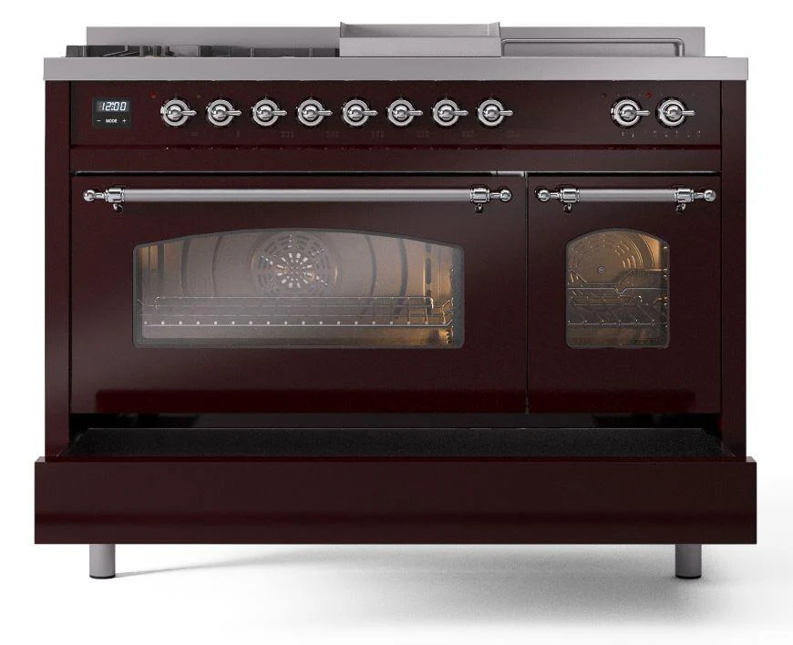 Ilve UP48FSNMPBUCLP Nostalgie Ii 48 Inch Dual Fuel Liquid Propane Freestanding Range In Burgundy With Chrome Trim - Image 6