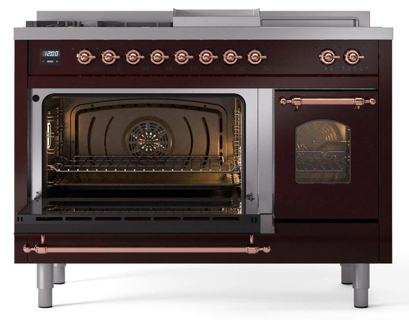Ilve UP48FSNMPBUP Nostalgie Ii 48 Inch Dual Fuel Natural Gas Freestanding Range In Burgundy With Copper Trim - Image 3