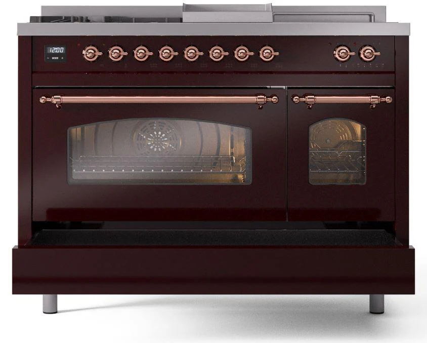 Ilve UP48FSNMPBUP Nostalgie Ii 48 Inch Dual Fuel Natural Gas Freestanding Range In Burgundy With Copper Trim - Image 6