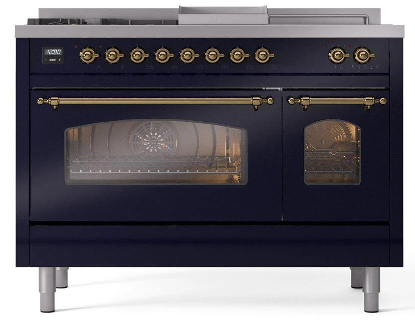 Ilve UP48FSNMPMBG Nostalgie Ii 48 Inch Dual Fuel Natural Gas Freestanding Range In Blue With Brass Trim - Image 2