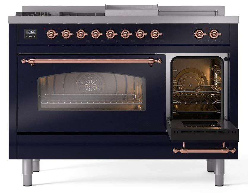 Ilve UP48FSNMPMBP Nostalgie Ii 48 Inch Dual Fuel Natural Gas Freestanding Range In Blue With Copper Trim - Image 4