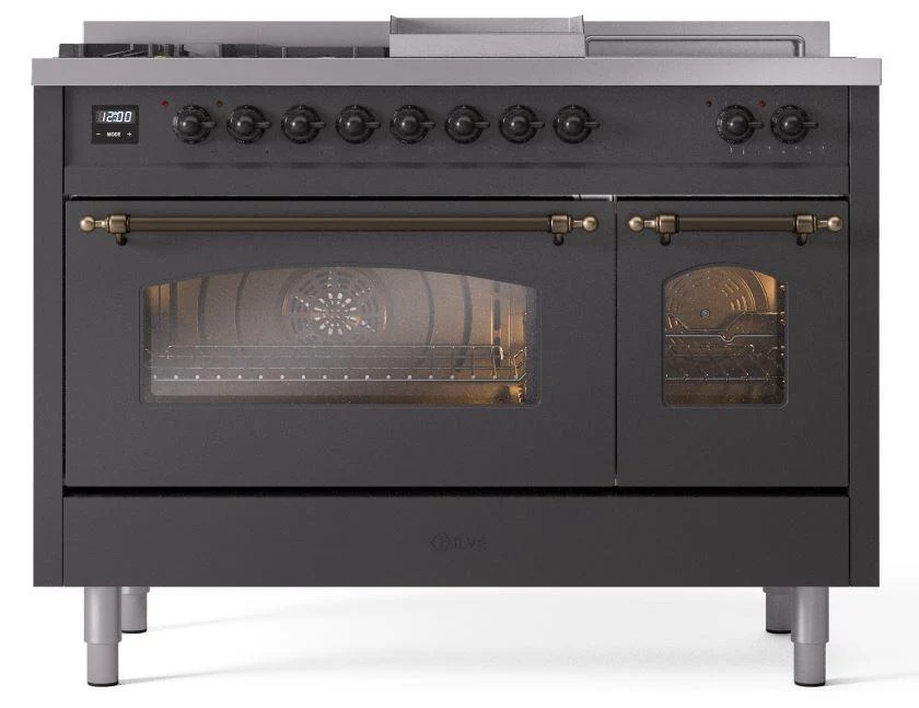 Ilve UP48FSNMPMGB Nostalgie Ii 48 Inch Dual Fuel Natural Gas Freestanding Range In Matte Graphite With Bronze Trim - Image 2