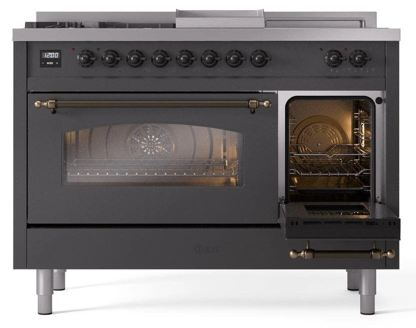 Ilve UP48FSNMPMGBLP Nostalgie Ii 48 Inch Dual Fuel Liquid Propane Freestanding Range In Matte Graphite With Bronze Trim - Image 4