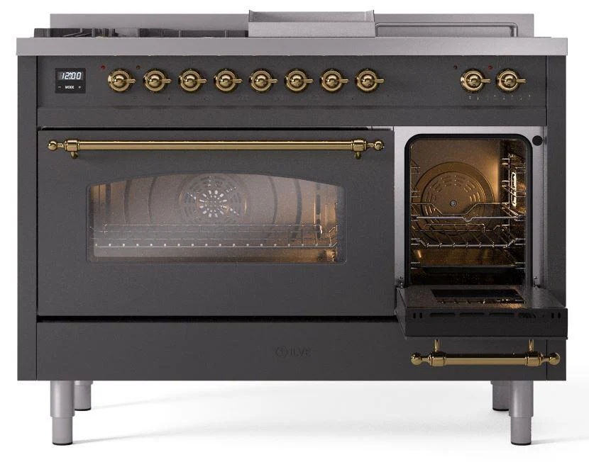 Ilve UP48FSNMPMGG Nostalgie Ii 48 Inch Dual Fuel Natural Gas Freestanding Range In Matte Graphite With Brass Trim - Image 4
