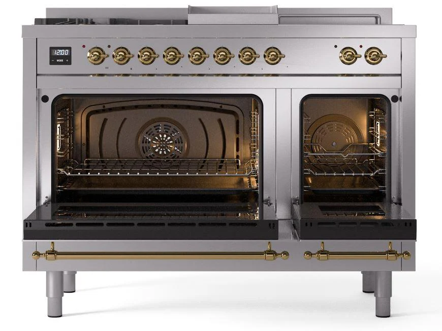 Ilve UP48FSNMPSSG Nostalgie Ii 48 Inch Dual Fuel Natural Gas Freestanding Range In Stainless Steel With Brass Trim - Image 5