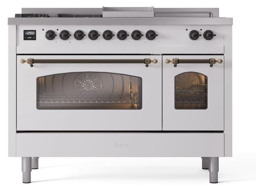 Ilve UP48FSNMPWHBLP Nostalgie Ii 48 Inch Dual Fuel Liquid Propane Freestanding Range In White With Bronze Trim - Image 2