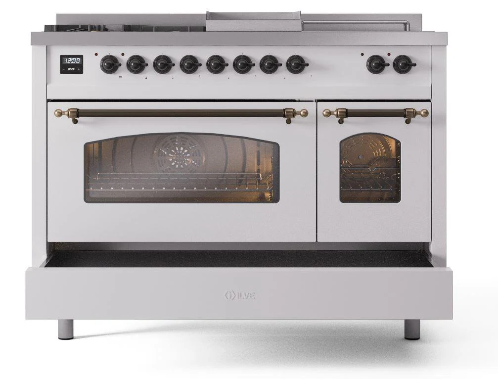 Ilve UP48FSNMPWHBLP Nostalgie Ii 48 Inch Dual Fuel Liquid Propane Freestanding Range In White With Bronze Trim - Image 6