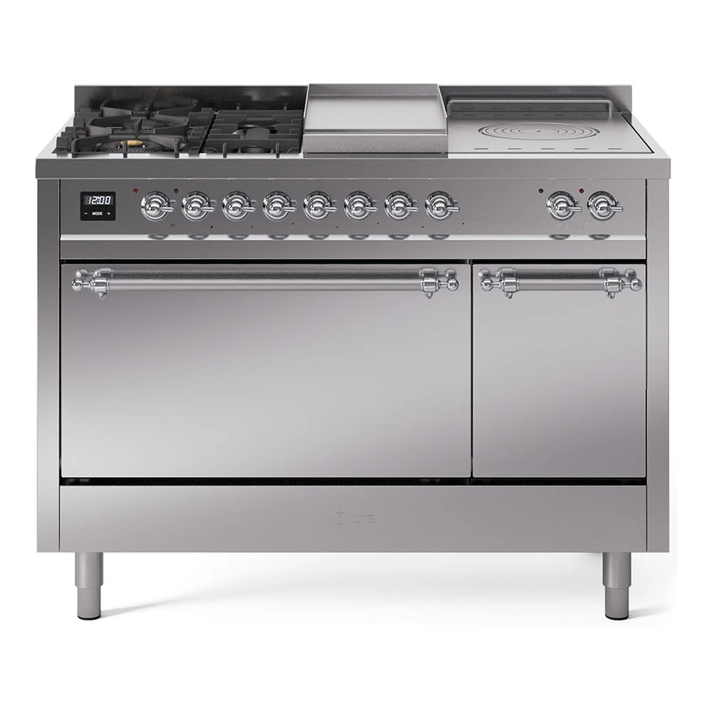 Ilve UP48FSQNMPSSC Nostalgie Ii 48 Inch Dual Fuel Natural Gas Freestanding Range In Stainless Steel With Chrome Trim