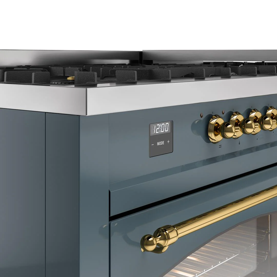 Ilve UP60FNMPBGG Nostalgie Ii 60 Inch Dual Fuel Natural Gas Freestanding Range In Blue Grey With Brass Trim - Image 7