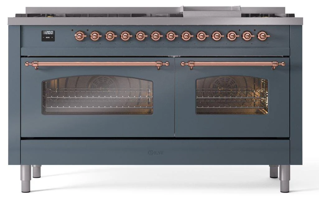 Ilve UP60FNMPBGPLP Nostalgie Ii 60 Inch Dual Fuel Liquid Propane Freestanding Range In Blue Grey With Copper Trim - Image 2
