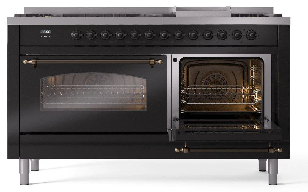 Ilve UP60FNMPBKB Nostalgie Ii 60 Inch Dual Fuel Natural Gas Freestanding Range In Glossy Black With Bronze Trim - Image 4