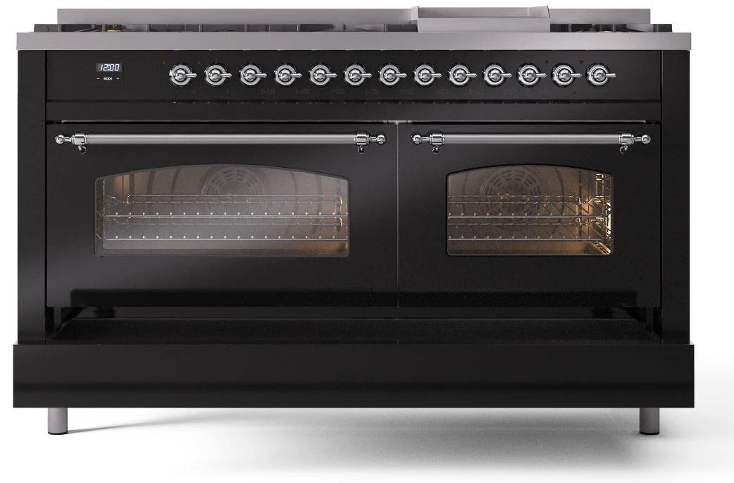 Ilve UP60FNMPBKC Nostalgie Ii 60 Inch Dual Fuel Natural Gas Freestanding Range In Glossy Black With Chrome Trim - Image 6