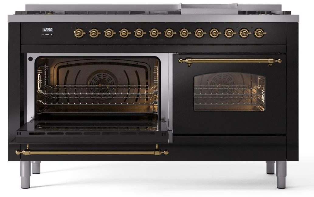 Ilve UP60FNMPBKGLP Nostalgie Ii 60 Inch Dual Fuel Liquid Propane Freestanding Range In Glossy Black With Brass Trim - Image 3