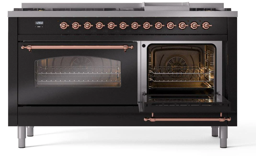 Ilve UP60FNMPBKP Nostalgie Ii 60 Inch Dual Fuel Natural Gas Freestanding Range In Glossy Black With Copper Trim - Image 4