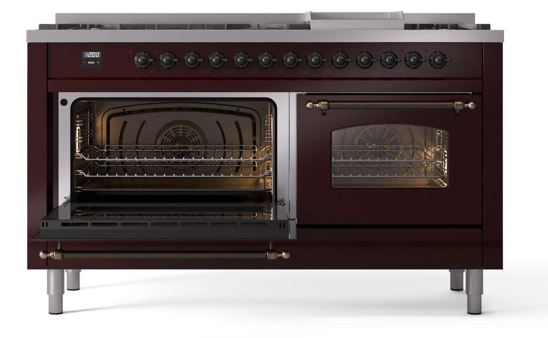 Ilve UP60FNMPBUBLP Nostalgie Ii 60 Inch Dual Fuel Liquid Propane Freestanding Range In Burgundy With Bronze Trim - Image 3