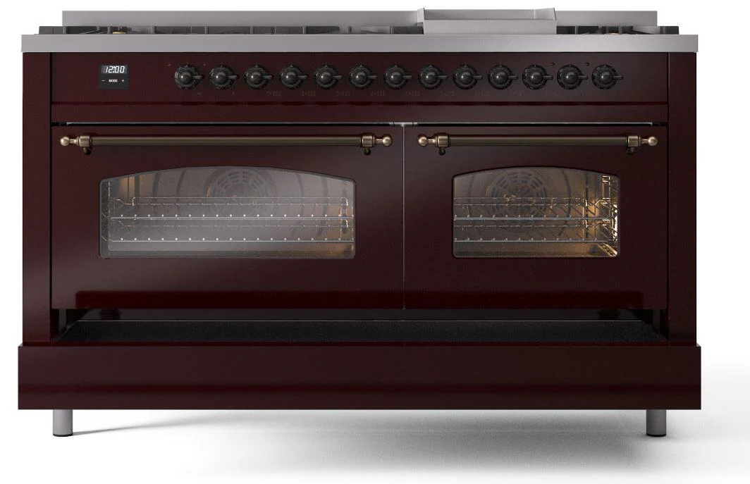 Ilve UP60FNMPBUBLP Nostalgie Ii 60 Inch Dual Fuel Liquid Propane Freestanding Range In Burgundy With Bronze Trim - Image 6