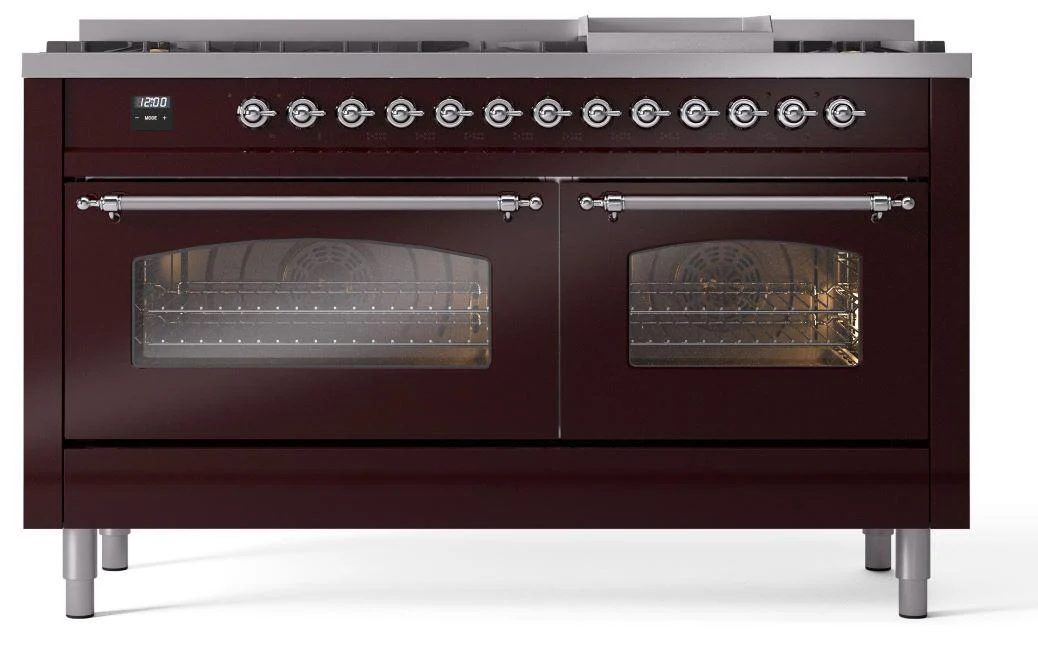 Ilve UP60FNMPBUCLP Nostalgie Ii 60 Inch Dual Fuel Liquid Propane Freestanding Range In Burgundy With Chrome Trim - Image 2